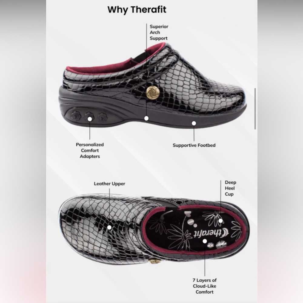 Therafit Clogs Black Size 9.5-10 Crocodile-Embossed Patent Leather Mules Womens - Picture 15 of 16